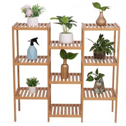 100% Bamboo High-Grade Plant Shelf Multi - Functional 9-Layer Shelf Flower Pot Shelf Display Shelf 96 * 90 * 33Cm Natural Yf