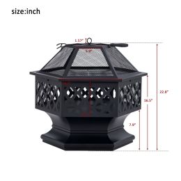 U-Style Outdoor Steel Wood Burning Fire Pit With Spark Screen And Poker For Camping Patio Backyard Garden (Hexagonal Shaped) Yf