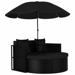 Garden Bed With Parasol Poly Rattan Black