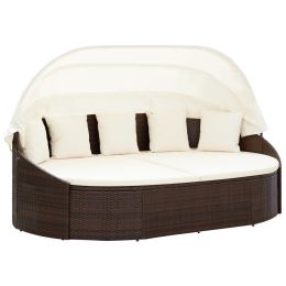 Outdoor Lounge Bed With Canopy Poly Rattan Brown