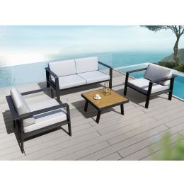 Higold 3801 Pro Nofi Patio Furniture, 4 Pieces Outdoor Conversation Set With Loveseat, Grey Seat Cushions, Matte Charcoal Aluminumframe, Imitated Teak