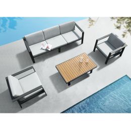 Higold Pro 3801 Nofi Patio Furniture, 4 Pieces Outdoor Three-Seater Conversation Sets With Grey Cushions, Matte Charcoal Aluminum Frame, Imitated Teak