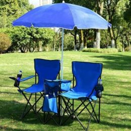 Double Folding Picnic Chairs W/Umbrella Mini Table Beverage Holder Carrying Bag For Beach Patio Pool Park Outdoor Portable Camping Chair (Blue)