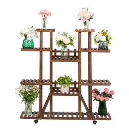Rolling Plant Stand Shelf Indoor - 6 Tier Wood Plant Pots Shelves Tiered Flower Rack Holder Stand With Detachable Wheels For Multiple Plants Outdoor G