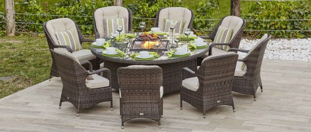 Turnbury Outdoor 9 Piece Patio Wicker Gas Fire Pit Set Round Table With Arm Chairs By Direct Wicker