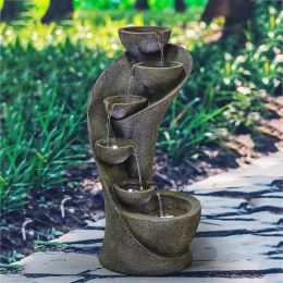 23.5Inches Outdoor Water Fountain With Led Light - Modern Curved Indoor-Outdoor Waterfall Fountain