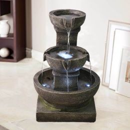 16Inches Outdoor Water Fountain With Led Light - Modern Curved Indoor-Outdoor Waterfall Fountain