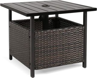 Outdoor Wicker Umbrella Side Table Patio Rattan Stand Table With Umbrella Hole