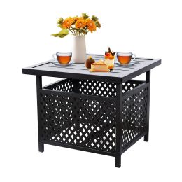 Meooem Patio Side Table With 1.57" Umbrella Hole Outdoor Stand Metal Bistro Table For Coffee Deck Garden Pool, Black