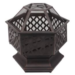 22" Hexagonal Shaped Iron Brazier Wood Burning Fire Pit Decoration For Backyard Poolside-Dk