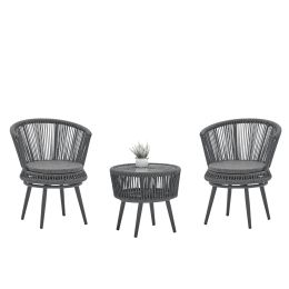 Modern Outdoor Table And Chair Woven-Belt Rope Wicker Hand-Make Weaving Furniture Swivel Rope Chair 3Pcs Rattan Chair