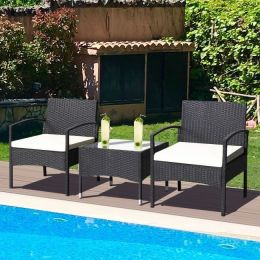 3 Pieces Patio Wicker Rattan Furniture Set With Cushion For Lawn Backyard