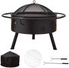 Outdoor Portable 32 Inch Steel Round Fire Pit With Bbq Grill;  Cooking Grate;  Spark Screen;  Fire Poker;  Cover;  Fireplaces For Outside Wood Burning