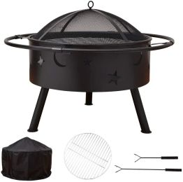 Outdoor Portable 32 Inch Steel Round Fire Pit With Bbq Grill;  Cooking Grate;  Spark Screen;  Fire Poker;  Cover;  Fireplaces For Outside Wood Burning