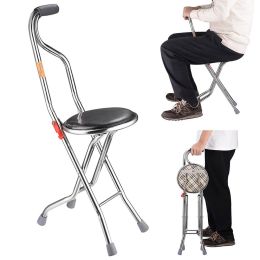 Walking Cane With Seat Aluminum Alloy Portable Led Floding Chair For Seniors Adult Height Adjustable Heavy Stick Stool For Elderly Gift