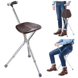 Hold 286.6 Lbs Cane With Seat Combo Aluminum Alloy Portable Led Folding Walking Stick Chair Height Adjustable Heavy Duty Thick Stool Handy Unisex For