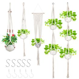 5 Packs Macrame Plant Hangers With 5 Hooks, Different Tiers, Handmade Cotton Rope Hanging Planters Set Flower Pots Holder Stand, For Indoor Outdoor Bo