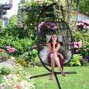 Large Folding Hanging Egg Chair With Stand Outdoor Patio Swing Egg Chair With Grey Cushion, 330Lbs Capacity