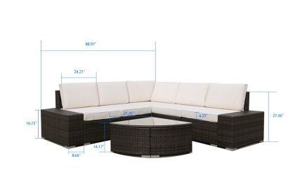 6 Pieces Patio Furniture Set,All-Weather Outdoor Sectional Sofa,Manual Weaving Pe Wicker Rattan Patio Conversation Sets With Beige Cushion And Glass C
