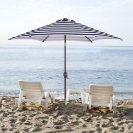 Outdoor Patio 8.6-Feet Market Table Umbrella With Push Button Tilt And Crank, Blue White Stripes[Umbrella Base Is Not Included]