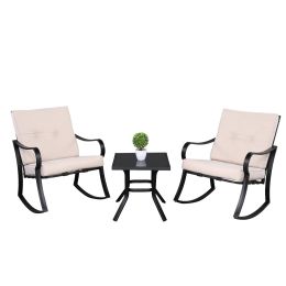 2Pcs Strap Rocking Chair And 1Pc Coffee Table Disassembly And Assembly Black Frame Beige Cushion Three-Piece Rattan Set Rt