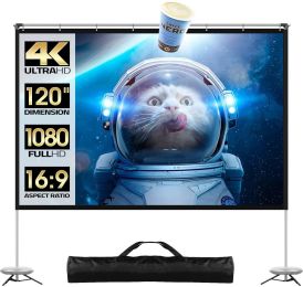 Projector Screen And Stand, 120 Inch Outdoor Movie Screen Tv With Dual Tripods, 16:9 4K Hd Portable Foldable Projection Screen For Backyard/Home Theat
