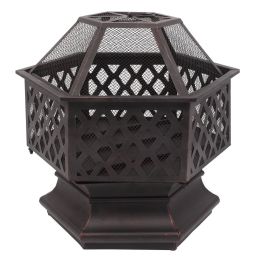 22" Hexagonal Shaped Iron Brazier Wood Burning Fire Pit Decoration For Backyard Poolside