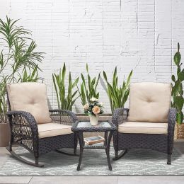 3 Pieces Outdoor Wicker Rocker Patio Bistro Set, Rocking Glider Chairs With Premium Cushions And Armored Glass Top Side Table, Elegant Wicker Patio Bi