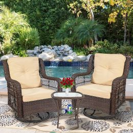 Outdoor Bistro Set 3 Pieces, Outdoor Resin Wicker Swivel Rocker Patio Chair, 360-Degree Swivel Rocking Chairs And Tempered Glass Top Side Coffee Table