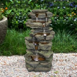 24Inches Rock Outdoor Waterfall Fountain With Led Lights For Garden Decor