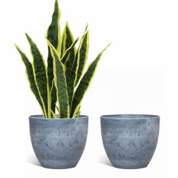 Higold - 10.6 Inch Plastic Plant Pot, Round Planter, Indoor/Outdoor Using, Gift For Birthday, Housewarming, Gray&Blue, Set Of 2