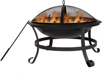 Bosonshop 22'' Outdoor Wood Burning Bbq Grill Firepit Bowl W/Spark Round Mesh Spark Screen Cover Fire Poker Patio Steel Fire Pit Bonfire For Backyard