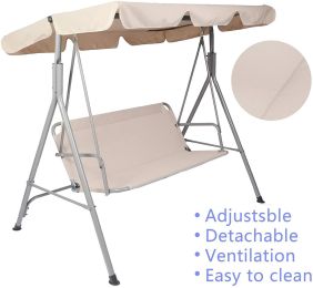 Bosonshop 3 Person Outdoor Porch Patio Swing Chair With Stand And Waterproof Canopy All Weather Resistant Swing Bench, Beige
