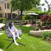 Large Folding Hanging Egg Chair With Stand Outdoor Patio Swing Egg Chair With Grey Cushion, 330Lbs Capacity