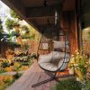 Large Folding Hanging Egg Chair With Stand Outdoor Patio Swing Egg Chair With Grey Cushion, 330Lbs Capacity