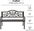 50" Outdoor Patio Bench, Cast Iron 2-Person Metal Bench With Floral Design Backrest, Patio Furniture Chair For Porch Park Garden, Dark Brown