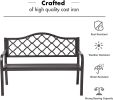 50" Outdoor Patio Bench, Cast Iron 2-Person Metal Bench With Basket-Weave Design Backrest, Patio Furniture Chair For Porch Park Garden, Dark Brown
