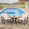 2Pcs Strap Rocking Chair And 1Pc Coffee Table Disassembly And Assembly Black Frame Beige Cushion Three-Piece Rattan Set Rt