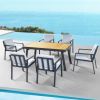 Higold 6801 Nofi Patio Furniture, 7 Pieces Outdoor Dining Set With Grey Cushions, Matte Charcoal Aluminum Frame, Imitated Teak Aluminum Tabletop