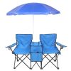 Double Folding Picnic Chairs W/Umbrella Mini Table Beverage Holder Carrying Bag For Beach Patio Pool Park Outdoor Portable Camping Chair (Blue)