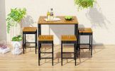 5-Piece Outdoor Patio Wicker Bar Set, Garden Pe Rattan Wicker Dining Table, Square Stool Set, Foldable Tabletop, Acacia Wood Tabletop, High-Dining Bis