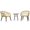 3 Pieces Outdoor Patio Balcony Natural Yellow Wicker Chair Table Set With Beige Cushion And Tempered Glass Table Top