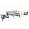 Higold Pro 3801 Nofi Patio Furniture, 4 Pieces Outdoor Three-Seater Conversation Sets With Grey Cushions, Matte Charcoal Aluminum Frame, Imitated Teak