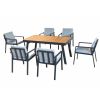 Higold 6801 Nofi Patio Furniture, 7 Pieces Outdoor Dining Set With Grey Cushions, Matte Charcoal Aluminum Frame, Imitated Teak Aluminum Tabletop