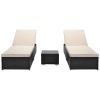 Outdoor Garden 3 Piece Wicker Patio Chaise Lounge Set Adjustable Pe Rattan Reclining Chairs With Cushions And Side Table.