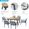 Higold 6801 Nofi Patio Furniture, 7 Pieces Outdoor Dining Set With Grey Cushions, Matte Charcoal Aluminum Frame, Imitated Teak Aluminum Tabletop