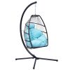 Patio Wicker Folding Hanging Chair ,Rattan Swing Hammock Egg Chair With C Type Bracket ,With Cushion And Pillow,For Indoor,Outdoor Blue