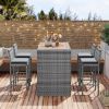 5-Pieces Outdoor Patio Wicker Bar Set, Bar Height Chairs With Non-Slip Feet And Fixed Rope, Removable Cushion, Acacia Wood Table Top, Brown Wood And G