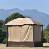 10Ft W*12Ft L Outdoor Double Vents Gazebo Patio Metal Canopy With Screen And Led Lights For Backyard, Poolside, Brown