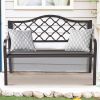 50" Outdoor Patio Bench, Cast Iron 2-Person Metal Bench With Basket-Weave Design Backrest, Patio Furniture Chair For Porch Park Garden, Dark Brown